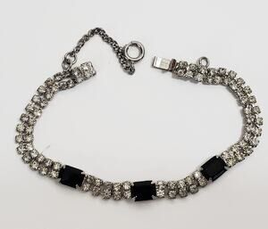 Vintage Eisenberg Ice Clear & Black Rhinestone Bracelet 7" Safety Chain